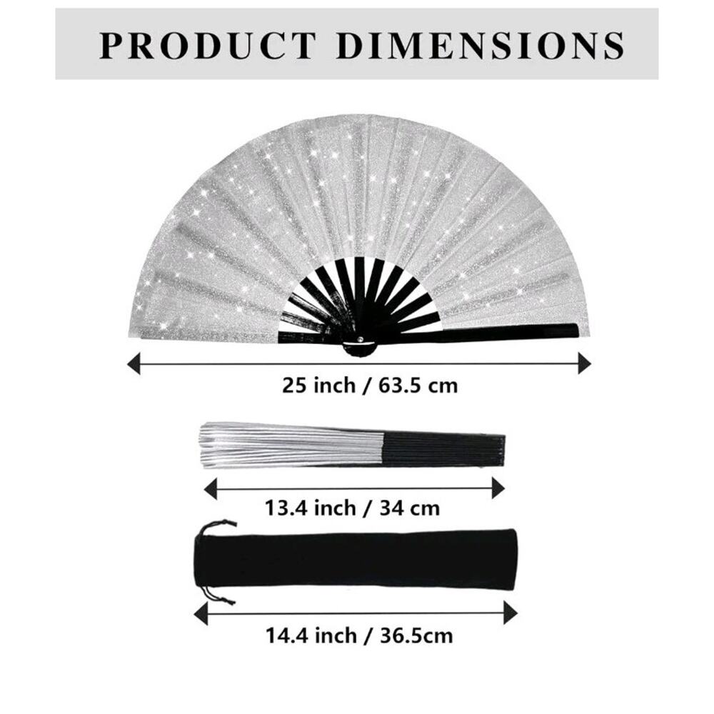Large Folding Hand Fans 6 PCS for Line Dancing Silver Shimmery Glitter Black s30 - Picture 7 of 8